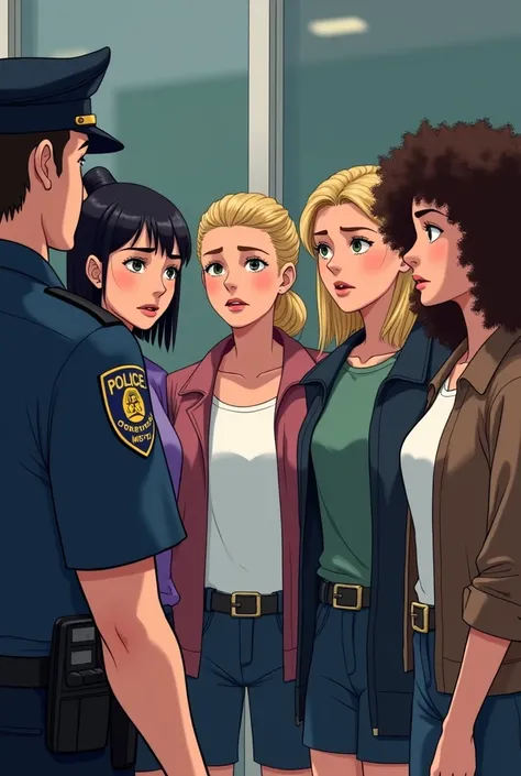 four girls talking to a police officer nervously ( one with straight black hair, another hair tied in a bun, or one a preppy blonde and the other a curly brunette