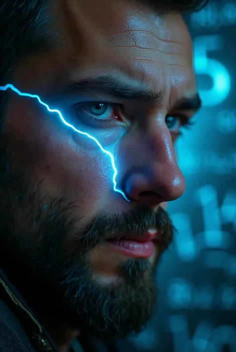 Close-up of a thin bearded man&#39;s face, a lightning bolt with the same style as Flash, Bright orange holographic projected onto the skin. intense look, realistic features. dark background, cyberpunk aesthetic. Luminous mathematical formulas, handwritten...