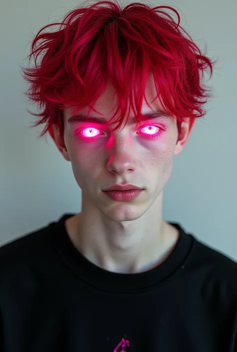 19 year old boy with white skin,
pale skin Messy hair 
Bright blood red 
Red hair
light pink eyes
Very pink eyes
Pink eyes 
Bright Pink eyes
Wearing a black sweatshirt with pink details