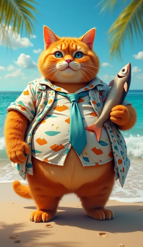 Make a picture of a fat, obese orange cat with blue eyes, flat nose, facing the camera, wearing a beach shirt and tie, carrying sea fish with a beach background, wide, full body, 8k super realistic