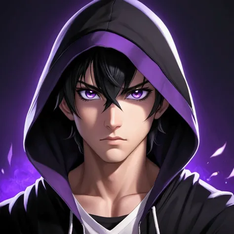 portrait of an anime boy character, black hair, purple eyes, handsome, with black hood on head, white undershirt, on a dark background, sharp