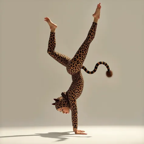 The beautiful muslimah contortion adult girl contortionist with beautiful cheeks wears leopard print full lycra dancewear turtleneck unitard catsuit with a tail and leopard lycra elastane dancewear hijab with a pair of ears.
