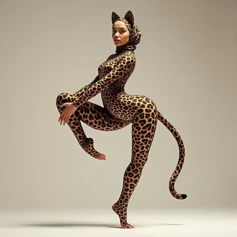 The beautiful muslimah contortion adult girl contortionist with beautiful cheeks wears leopard print full lycra dancewear turtleneck unitard catsuit with a tail and leopard lycra elastane dancewear hijab with a pair of ears.
