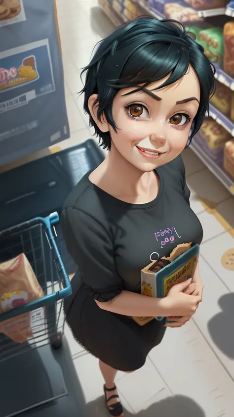 Style pixar, 3d, cartoon, a happy lady of about 4, very short black hair, big brown eyes, pushing a supermarket cart, in the row of cookies