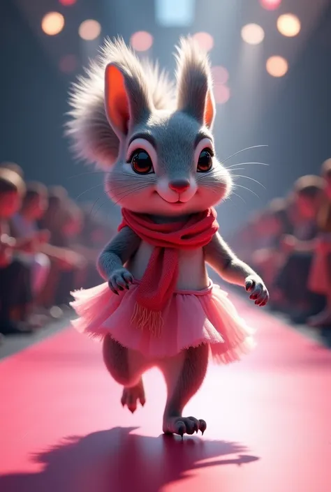 A beautiful squirre wearing pink and red cloth walking down the runaway at a fashion show