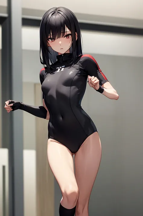 masterpiece, best quality,anime style, 1 girl,(((slender body))), (((small eyes))),(((athlete suit))), (beautiful face), (((short twintai))), (((straight hair))), ((((black hair)))),detailed beautiful skin, (perfect hands, perfect anatomy),scream