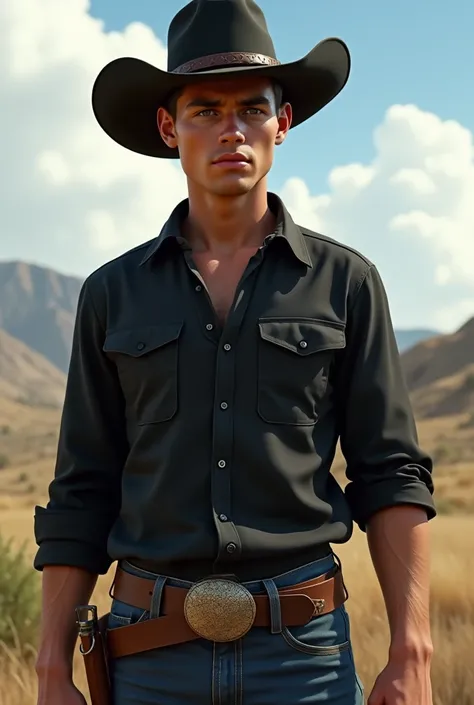 Cowboy boy with black shirt and black hat
