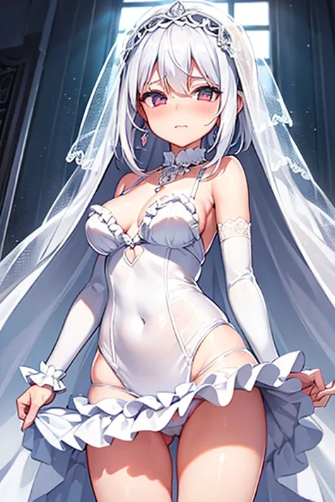  1 girl, blinds, veil, bridal veil, white swimsuit with ruffles, blinds, jewerly, standing alone, aretes, teeths, bride, White hair, blush, looking ahead at viewer 