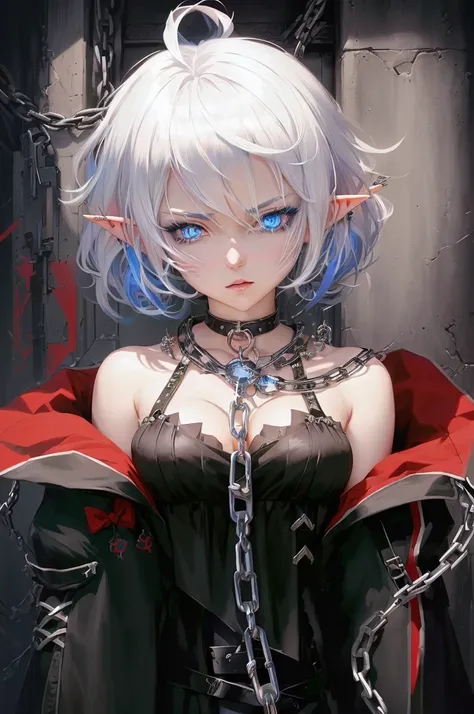 anime girl with white hair and blue eyes wearing a chain around her neck, elf anime girl, gapmoe yandere grimdark, badass anime 8 k, gothic maiden anime girl, anime style 4 k, detailed digital anime art, p