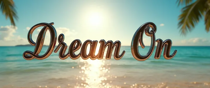 (text:"Dream On") The word, straight view sunlit text face, in Art Nouveau fancy thin script style, shiny highly polished silver chrome and thin coloured glass reflecting a tropical beach, heavy metal art nouveau flowing shapes and flourishes, front face v...