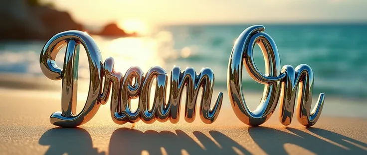 (text:"Dream On") The word, straight view sunlit text face, in Art Nouveau fancy thin script style, shiny highly polished silver chrome and thin coloured glass reflecting a tropical beach, heavy metal art nouveau flowing shapes and flourishes, front face v...