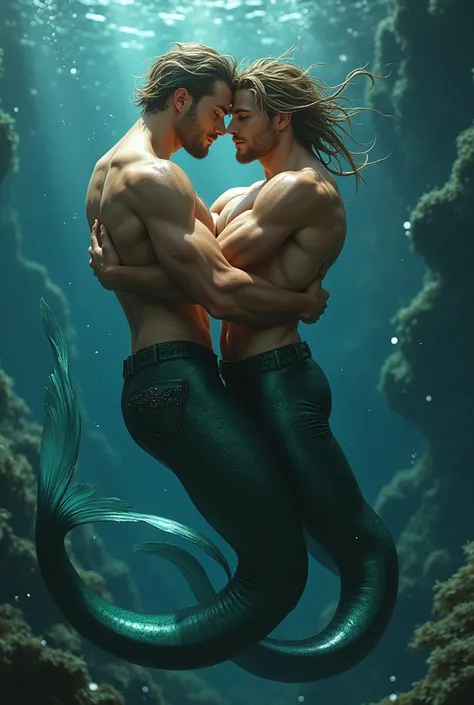 Merman gay sex, dynamic pose, long tail, wet