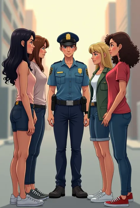 four girls wearing casual clothes talking to a police officer nervously ( one with long straight black hair, another black hair tied in a bun, another a preppy blonde and the other a curly brunette