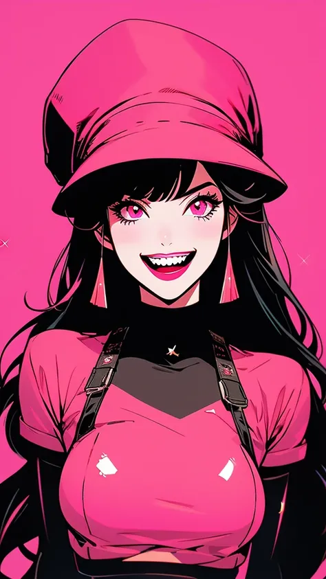 1girl, sparkle, pink background, red background, hat, open mouth, solo, black headwear, teeth, bangs, breasts, gradient background, pink eyes, looking at viewer, gradient, sharp teeth, smile, black hair, long hair, upper body, + +, glowing