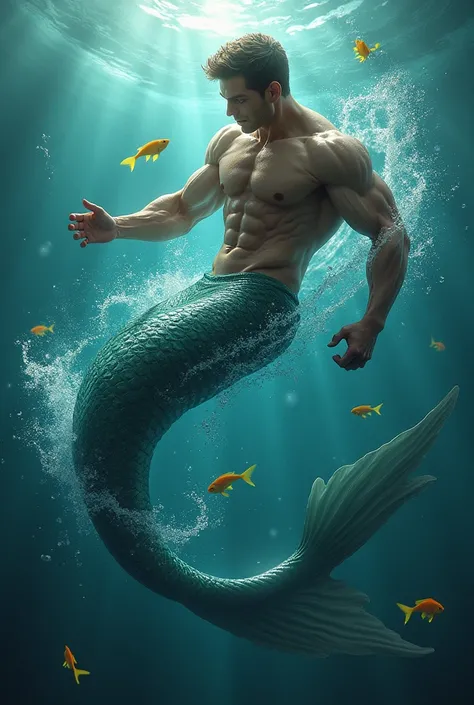 Merman gay, dynamic pose, long tail, wet