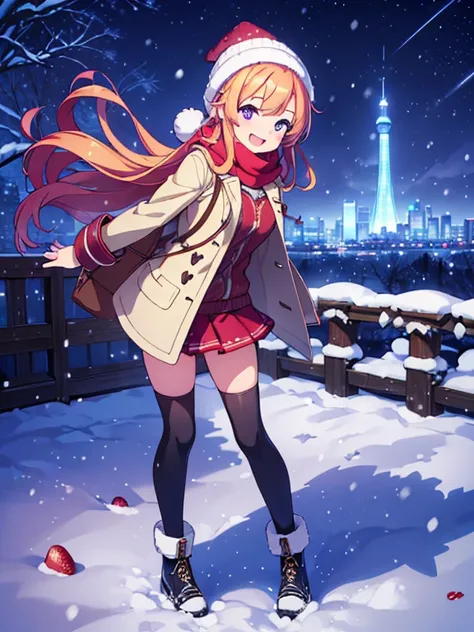 (best Quality), (masterpiece), (super high resolution), full body, teenage girl, big smile, strawberry blonde, long, mini skirt, knee high socks, duffle coat, winter scarf, city, winter, ((snowing)), (decorated illuminations), ((night view))