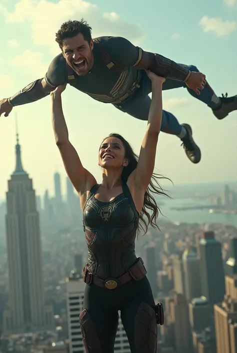 Gal Gadot lifting a large man high above her head with her strong arms. Photorealistic. Wide angle. City skyline in the background.