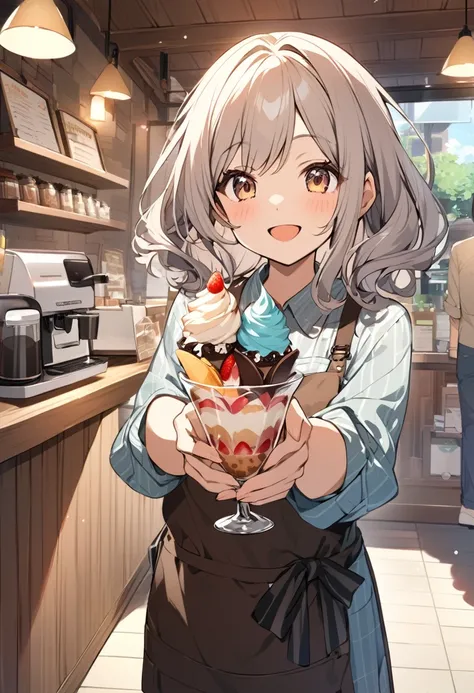 high resolution、anime、The background is a coffee shop、Beautiful shop assistant、Offering ice cream parfait to customers、smile、