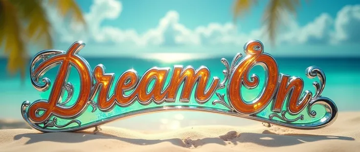 (text:"Dream On") The word, straight view sunlit front, in Art Nouveau fancy thin script style, shiny highly polished silver chrome and thin coloured glass,tropical beach setting, heavy metal art nouveau flowing shapes and flourishes, front face view on op...