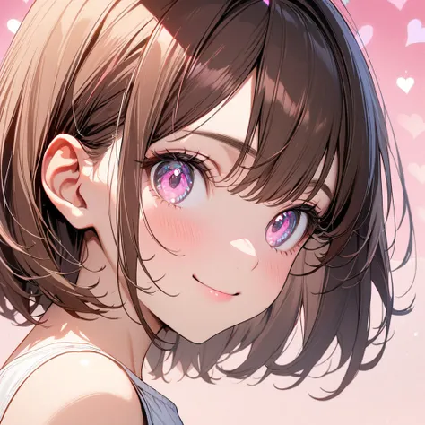 1 girl,solo,close-up shot of ear to neck,ultra-detailed face,detailed eyes,pink eyes,Captivating Eye Reflections,Meticulous Eyelash Details,short hair,straight hair,Glossy brown hair,white camisole,from side,smile,(pink fluttering-heart background),highly ...