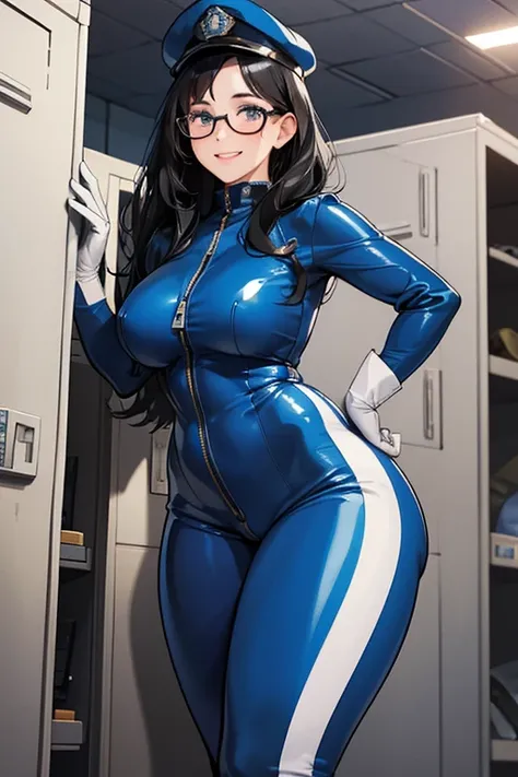 A chubby, black-haired, freckled, glasses-wearing girl in a blue patent leather catsuit, wearing white gloves, white boots and a police cap, taking a break in the locker room, smiling with a tired face and covered in sweat　submachine gun