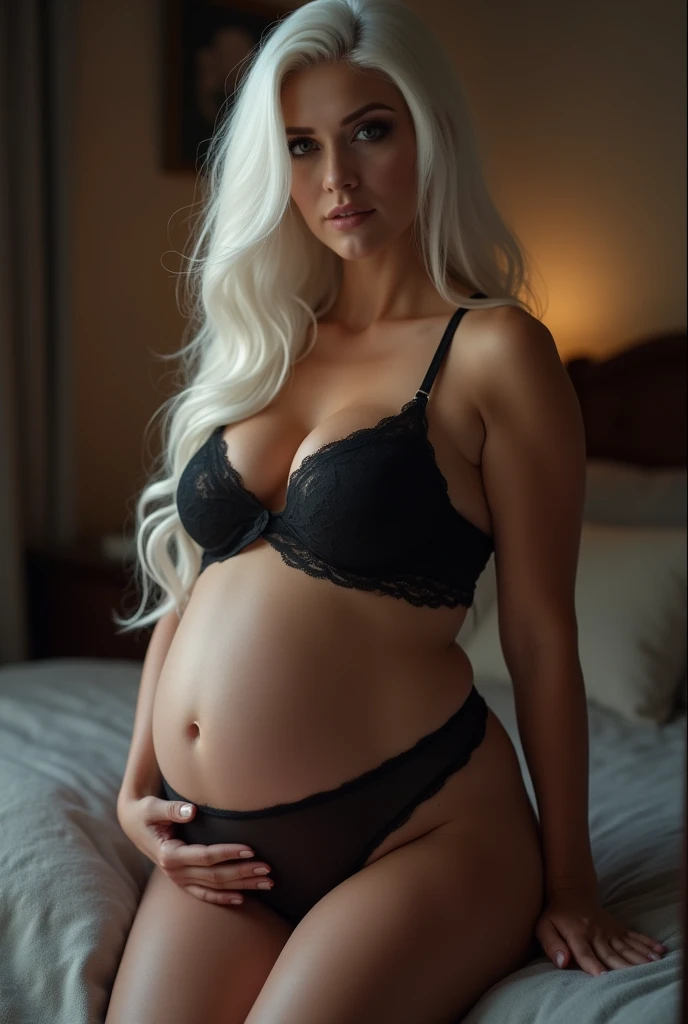 Sexy girl, black lingerie, bedroom background, photorealistic 1.2, white long hair, milf, pregnant, big cock