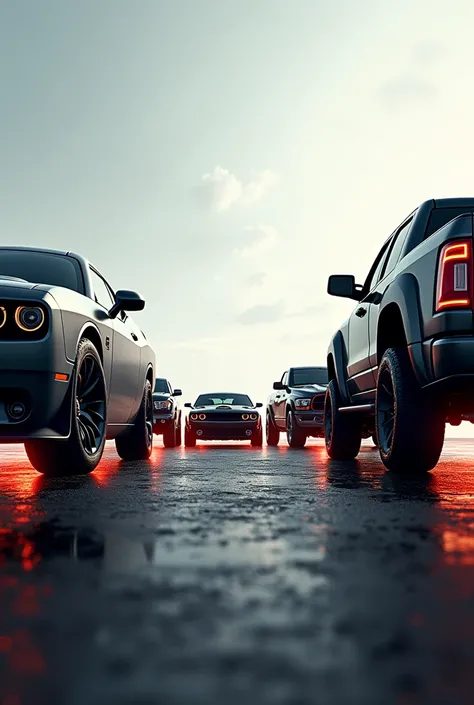 Create a frame with some cars coming out from each edge of the sheet with the dodge challenger cars, Ford raptor, ram trx on each side of the blade 