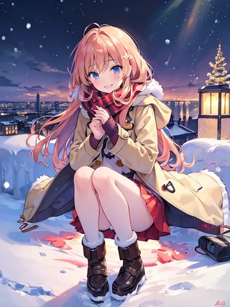 (best Quality), (masterpiece), (super high resolution), full body, teenage girl, big smile, strawberry blonde, long, mini skirt, knee high socks, duffle coat, winter scarf, city, winter, ((snowing)), (decorated illuminations), ((night view))