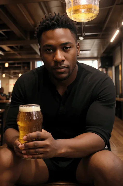 Selfie of a handsome black man sitting at a table with a beer. 