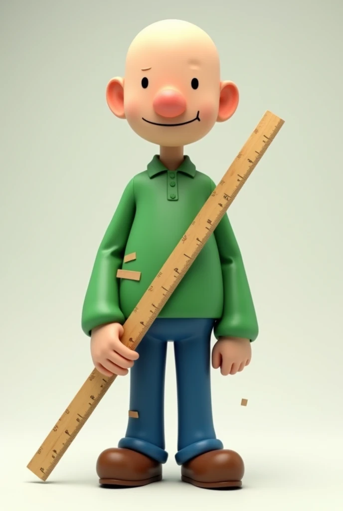 A bald and thin man. He wears a green shirt that covers his entire arm, he wears minimalist blue pants and brown shoes, he holds a big ruler, he has a round and skeptical smiley face, (((he is in mario 64 model style, he has glitches on parts of his body))...