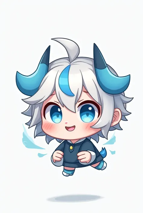 A male chibi character with blue eyes, with white and blue hair, with two horns on its head
