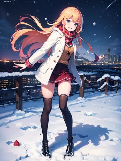 (best Quality), (masterpiece), (super high resolution), full body, teenage girl, big smile, strawberry blonde, long, mini skirt, knee high socks, duffle coat, winter scarf, city, winter, ((snowing)), (decorated illuminations), ((night view))