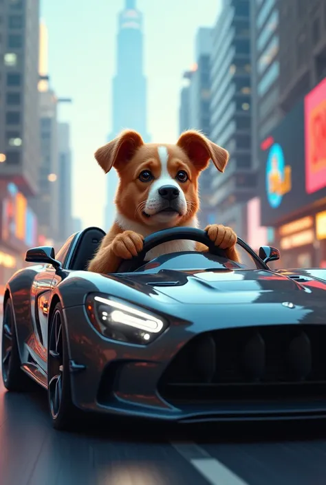 Create an image of a dog driving a sports car