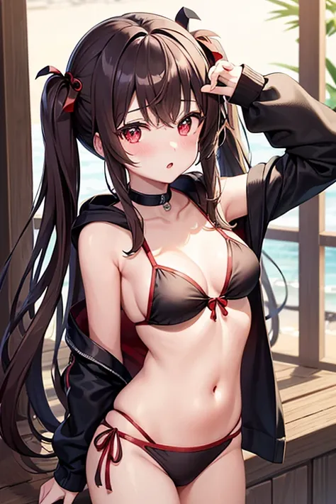 masterpiece,Highest quality, One person、Hu Tao (Genshin Impact), Red eyes、Twin tails、Brown Hair、alone、Symbol-shaped pupil、bikini、hoodie、blush、Seaside、