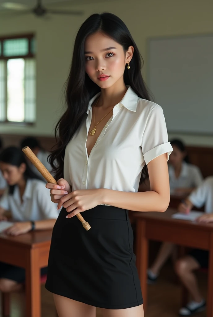 Beautiful Thai girl with smooth skin, black hair, dark brown eyes, gold pendant (medium chest), wearing Thai teachers outfit, white short-sleeved shirt, black short skirt, slim fit, holding a small wooden stick in her hand, standing and posing in the class...