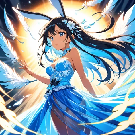 dynamic angle, ultra intricate, ultra detailed, anime artwork {The wind spirit frilly bunny that creates tornadoes appears as if she embodies the power of nature. Her  is as light as the wind, wrapped in transparent feathers. Her long rabbit ears sway in t...