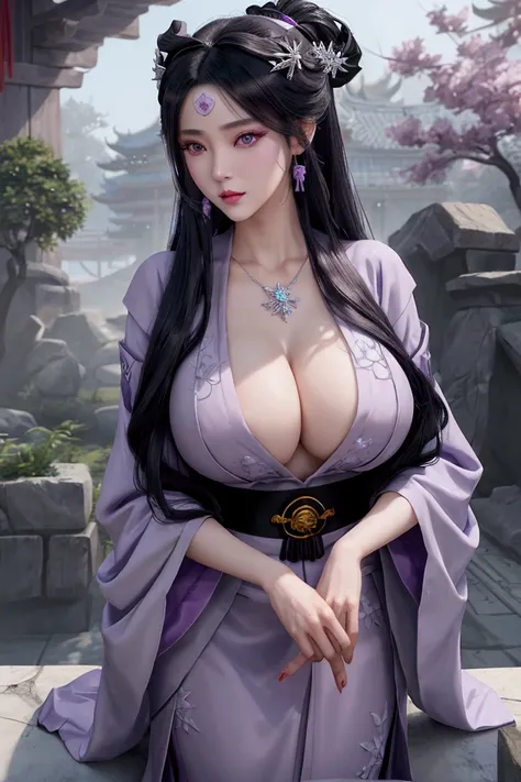 evil anime human woman. half-up long black hair. fair skin. purple eyes. gigantic boobs. Modest Wuxia clothes. snowflake necklace. mauve smirking lips. Realism style. 3D anime model style. CGI animation. Wuxia style. Frosted Garden background.