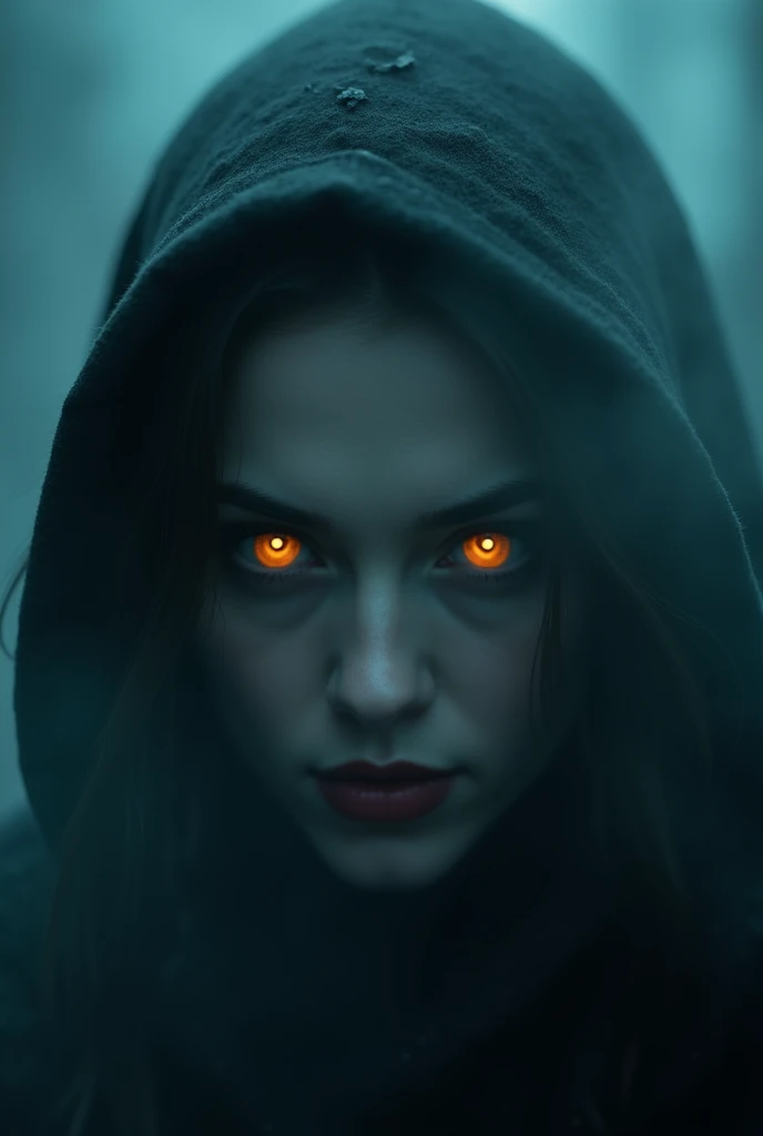 ((a female vampires pair of glowing eyes shines)) close up picture, the fog hides the face, you see only the glowing eyes , you see only the pair of eyes, fantasy dark alley background, the fog fills the alley, you see only the glowing eyes 