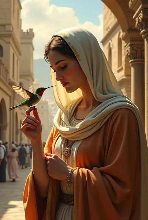 ((best quality)), ((masterpiece)), (detailed), virgin mary, in ancient jerusalem with a hummingbird in a finger