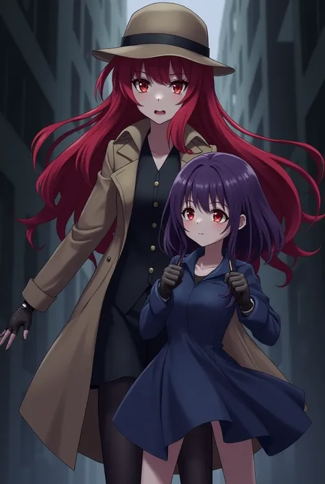 Female anime character with long red hair and red eyes dressed as a detective helping a purple haired girl in a black dress