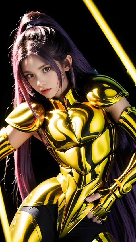 ultra-high saturation（tmasterpiece）， fully body photo，（best qualtiy）， （1girll），purple hair,  wearing shiny gold armor， sexy ling...