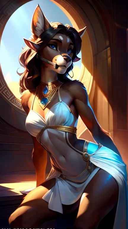 greek goddess, wearing bronze adornment and feminine white robes, sexy greek goddess but as a furry ram girl, uploaded on e621, ...