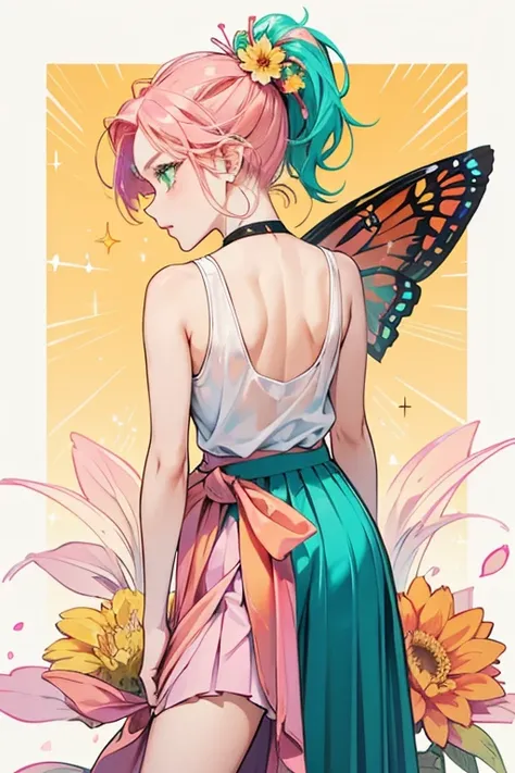 Baxi has peach colored skin with pink lips, hot pink eyebrows, and green eyes. Her hot pink hair is tied back into a ponytail and she has a pair of back antennae on top of her head. She has a pair of monarch butterfly wings attached to her back.
 Baxi wear...