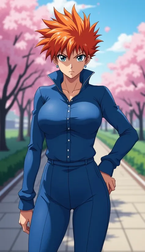 Create a live-action image of a gender-swapped Kazuma Kuwabara from Yu Yu Hakusho, depicted as a real human woman with no anime-style elements. She is tall, with a strong, muscular build and a larger chest, wearing a modern, tight-fitting blue outfit inspi...