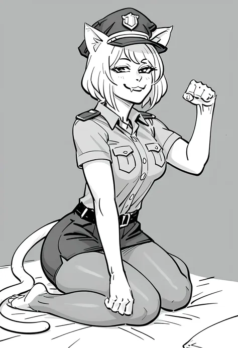 score_5_up,score_6_up,score_7_up,
a cat_girl police officer sleeping, paw pose, tail, smug, fang