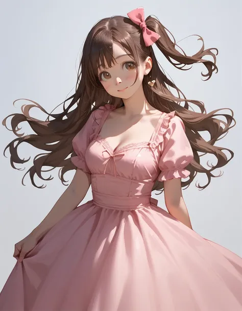 score_9,score_8_up,score_7_up,masterpiece(realistic,hyper realistic:1.1)1 woman,uzuki shimamura, long hair, brown hair, wavy hair, one side up, hair bow, brown eyes,busty,pink dress