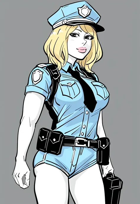 score_5_up,score_6_up,score_7_up,
 1girl, solo, wearing (police uniform, police cap, shorts, belt, holster), medium hair, blonde...