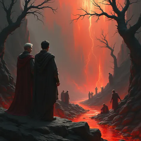 Dante in the 7th circle of hell with Virgil watching the demons punish humans, ultrarealistic image