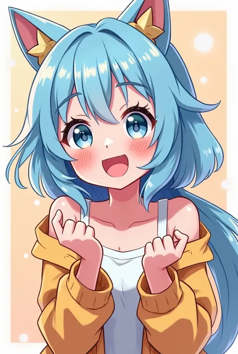 Create a 2d image of a cute anime girl smiling with light blue hair excited vtuber