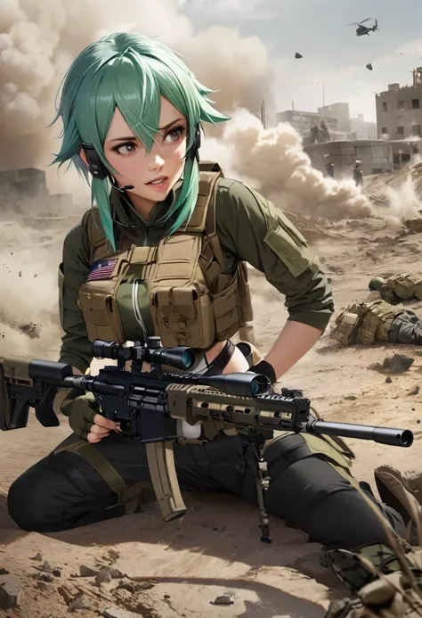 1girl, sinon, sword art online, sniper, modern tactical gear, dark green combat shirt, black tactical pants, combat boots, tactical vest, fingerless gloves, headset, Denel NTM-20 anti-materiel rifle, scope, prone position, battlefield, wasteland, tense atm...